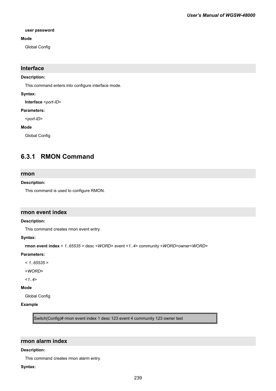 Interface, 15 rmon command, Rmon | Rmon event index, Rmon alarm index, 5 rmon command | PLANET WGSW-48000 User Manual | Page 239 / 293