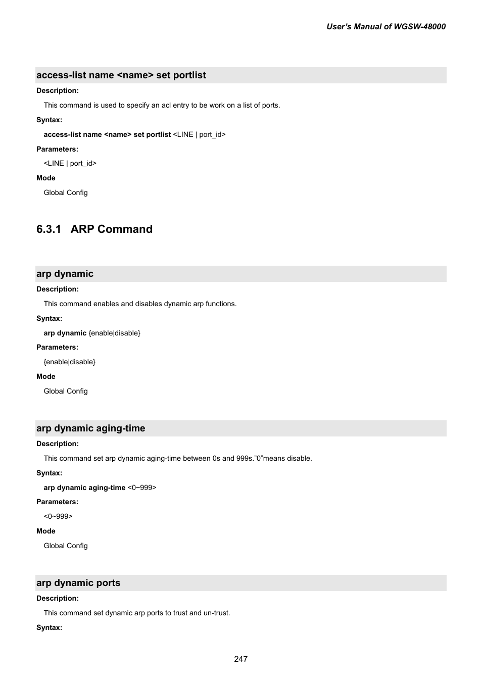 Access-list name <name> set portlist, 17 arp command, Arp dynamic | Arp dynamic aging-time, Arp dynamic ports, 7 arp command | PLANET WGSW-48000 User Manual | Page 247 / 293