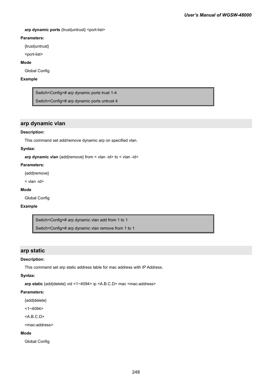 Arp dynamic vlan, Arp static | PLANET WGSW-48000 User Manual | Page 248 / 293