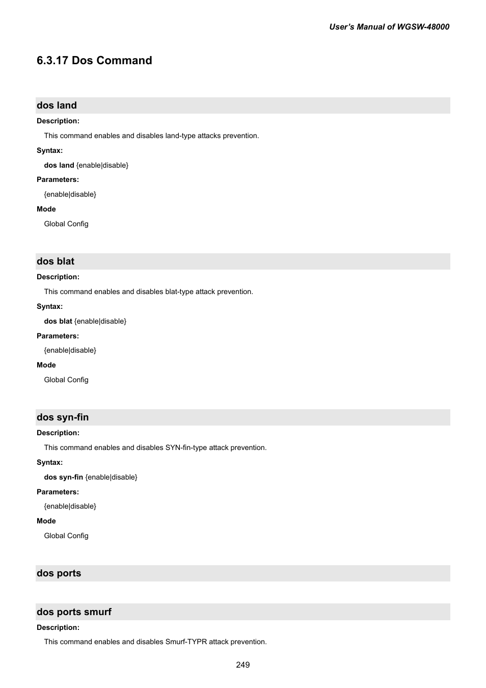 18 dos command, Dos land, Dos blat | Dos syn-fin, Dos ports, Dos ports smurf, 8 dos command, 17 dos command, Dos ports dos ports smurf | PLANET WGSW-48000 User Manual | Page 249 / 293
