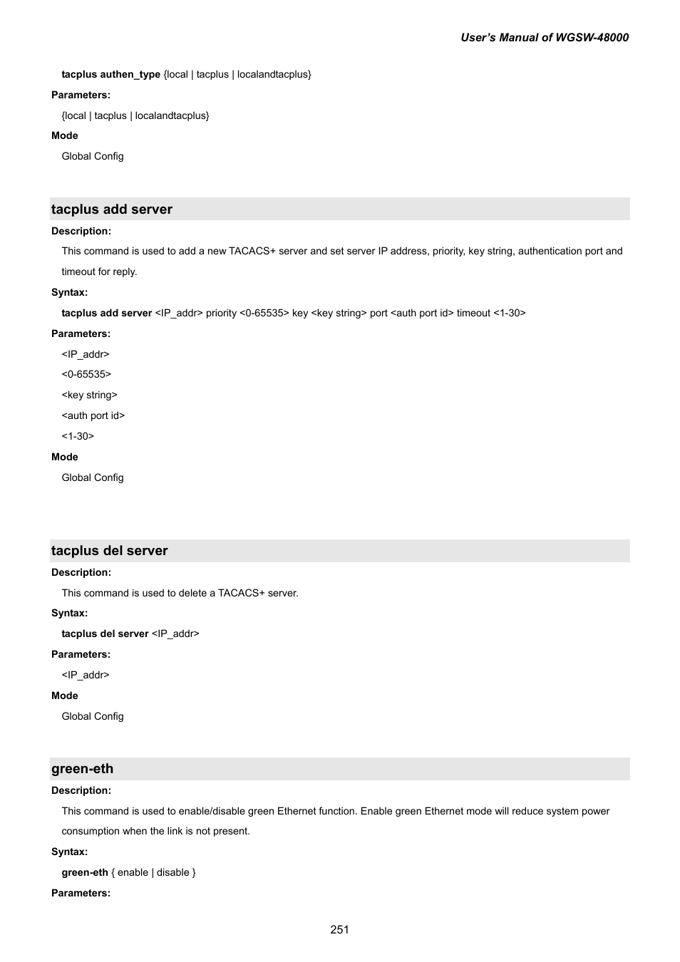 Tacplus add server, Tacplus del server, Green-eth | PLANET WGSW-48000 User Manual | Page 251 / 293