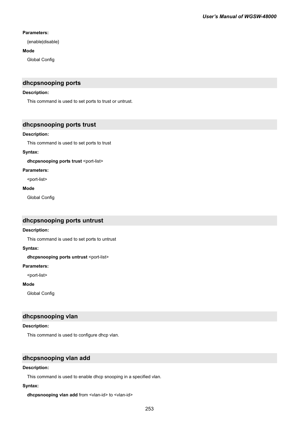 Dhcpsnooping ports, Dhcpsnooping ports trust, Dhcpsnooping ports untrust | Dhcpsnooping vlan, Dhcpsnooping vlan add | PLANET WGSW-48000 User Manual | Page 253 / 293