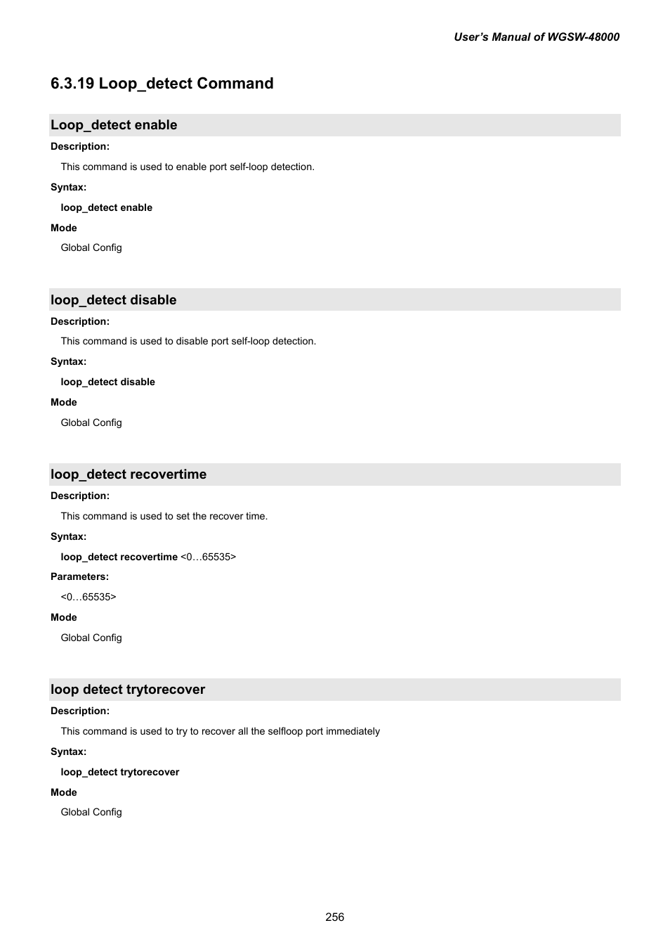 20 loop_detect command, Loop_detect enable, Loop_detect disable | Loop_detect recovertime, Loop detect trytorecover, 19 loop_detect command | PLANET WGSW-48000 User Manual | Page 256 / 293