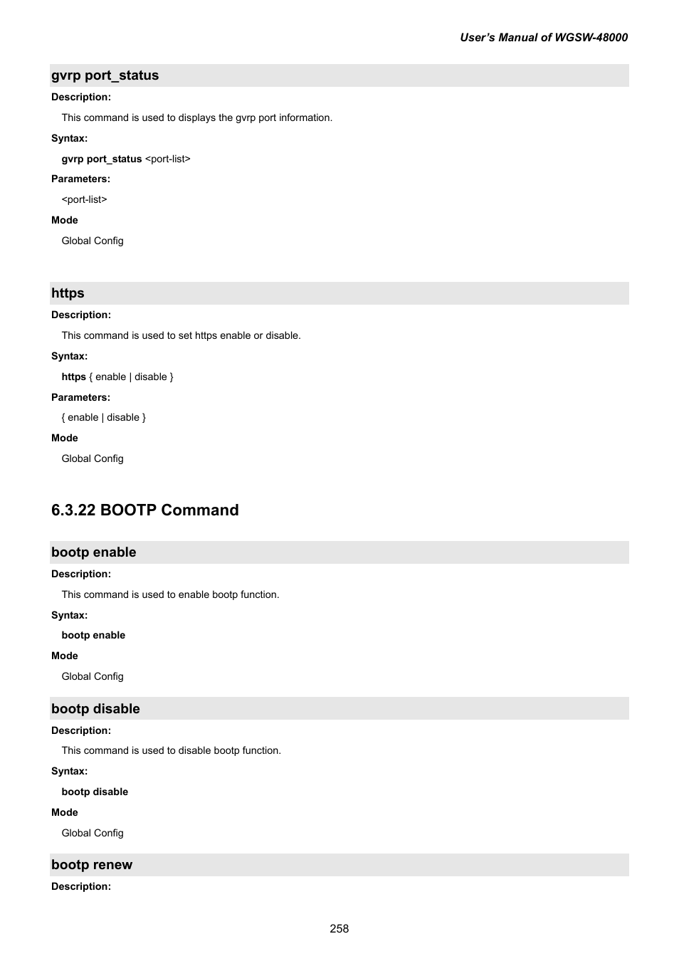 Gvrp port_status, Https, 22 bootp command | Bootp enable, Bootp disable, Bootp renew, 2 bootp command, 2 2 bootp command | PLANET WGSW-48000 User Manual | Page 258 / 293