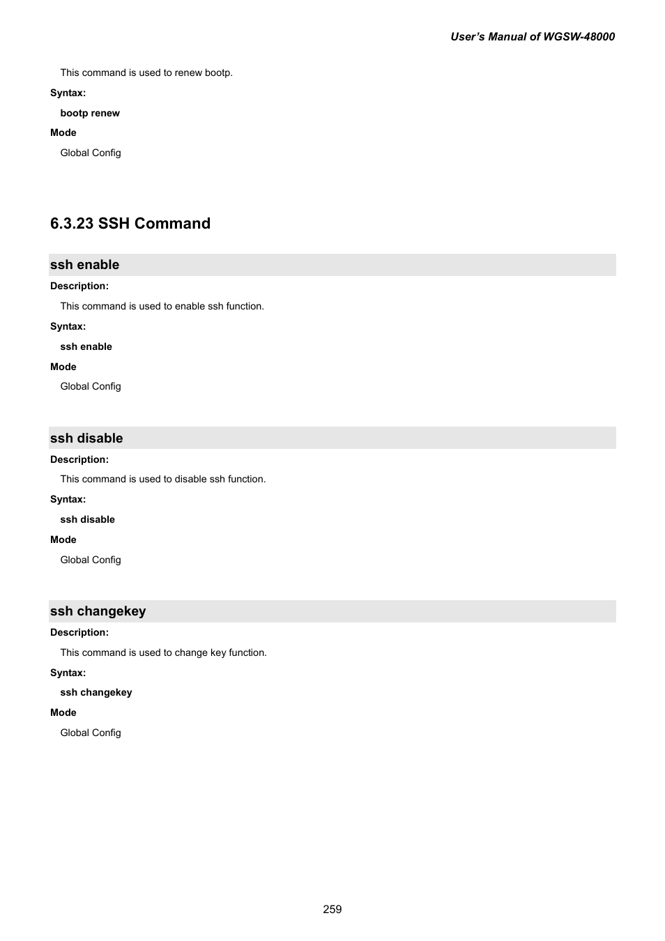 23 ssh command, Ssh enable, Ssh disable | Ssh changekey, 3 ssh command, 2 3 ssh command | PLANET WGSW-48000 User Manual | Page 259 / 293