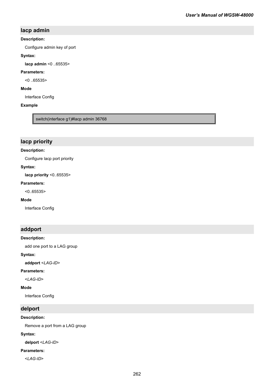 Lacp admin, Lacp priority, Addport | Delport | PLANET WGSW-48000 User Manual | Page 262 / 293