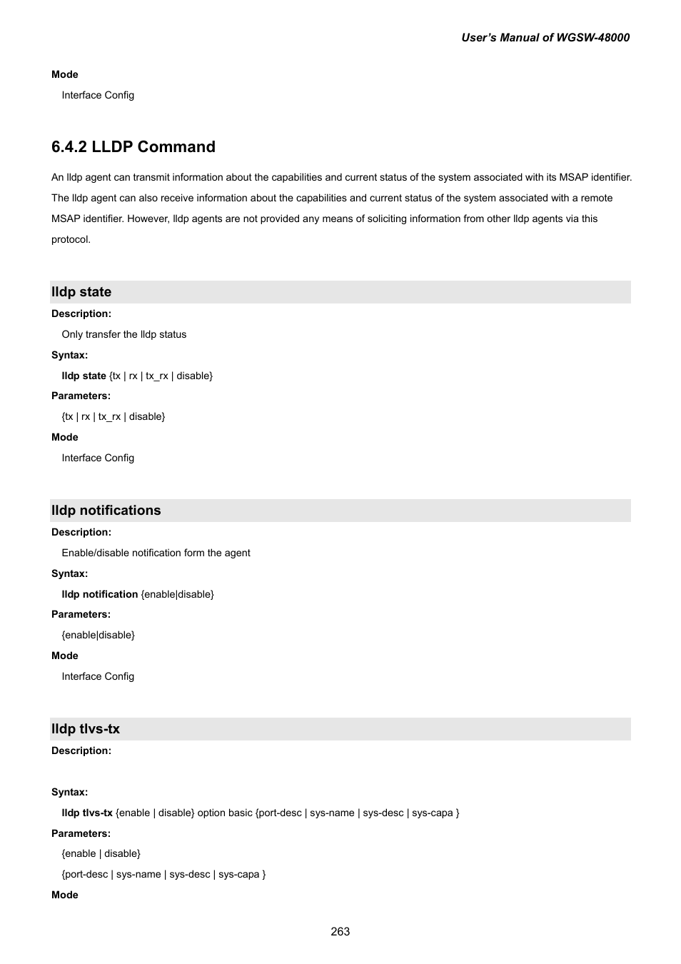 2 lldp command, Lldp state, Lldp notifications | Lldp tlvs-tx | PLANET WGSW-48000 User Manual | Page 263 / 293