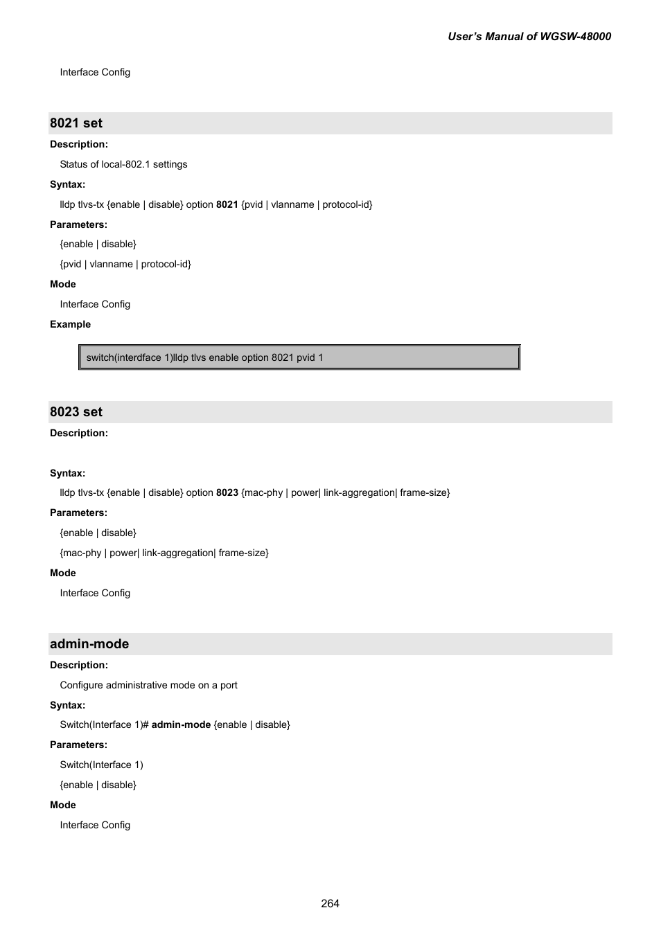 8021 set, 8023 set, Admin-mode | PLANET WGSW-48000 User Manual | Page 264 / 293