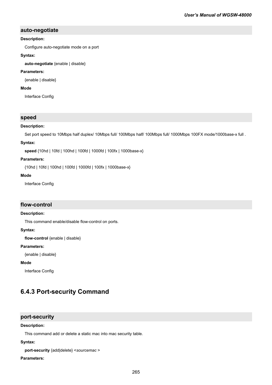 3 port-security command, Port-security, Auto-negotiate | Speed, Flow-control | PLANET WGSW-48000 User Manual | Page 265 / 293