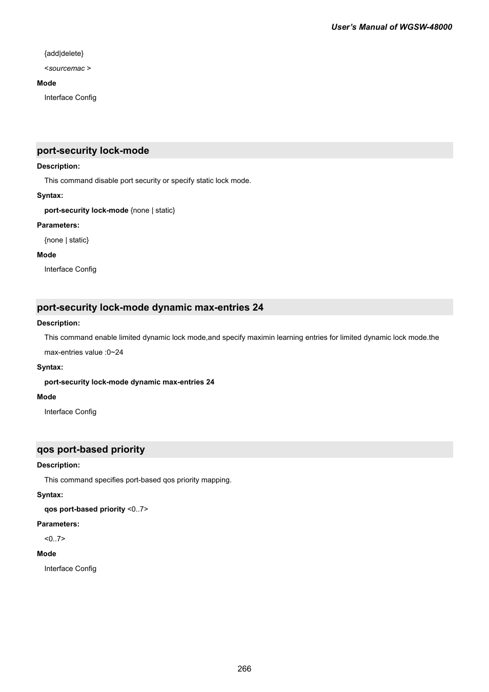 Port-security lock-mode, Port-security lock-mode dynamic max-entries 24, Qos port-based priority | PLANET WGSW-48000 User Manual | Page 266 / 293