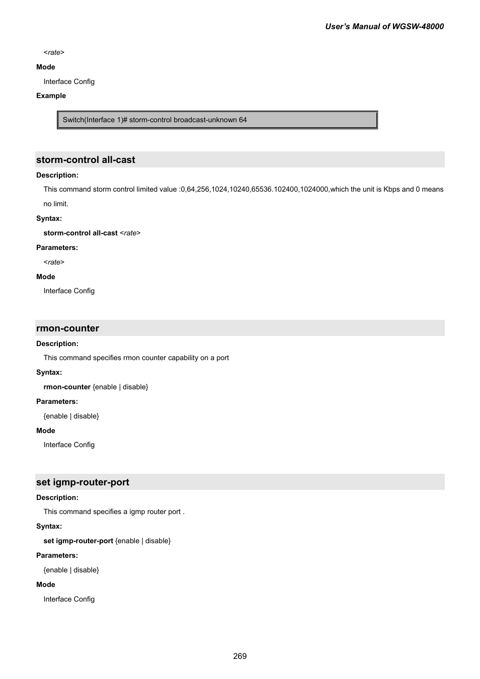 Storm-control all-cast, Rmon-counter, Set igmp-router-port | PLANET WGSW-48000 User Manual | Page 269 / 293