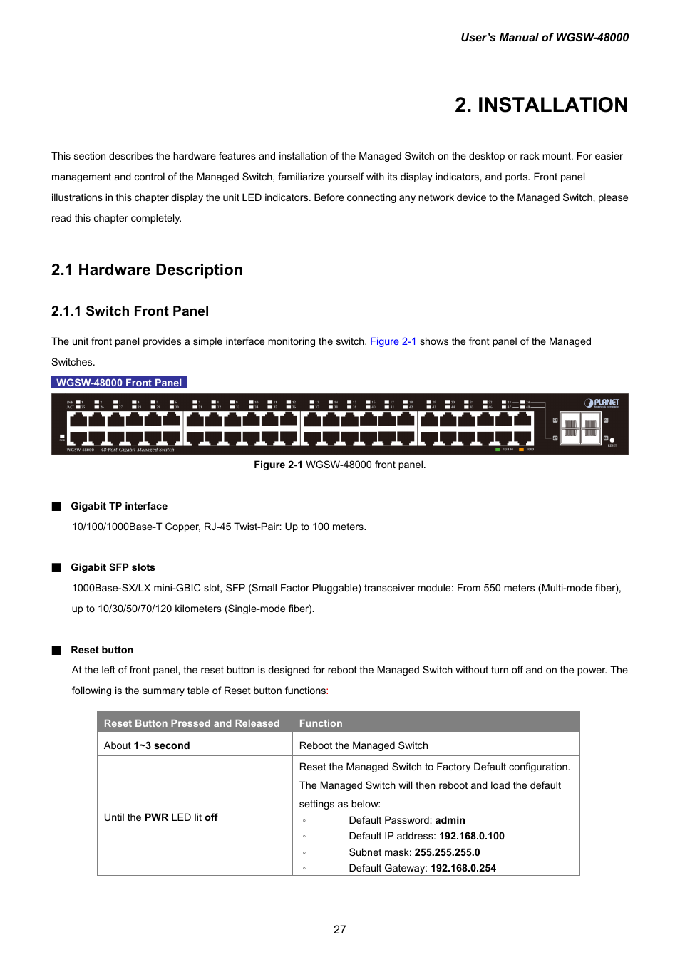 Installation, 1 hardware description, 1 switch front panel | PLANET WGSW-48000 User Manual | Page 27 / 293