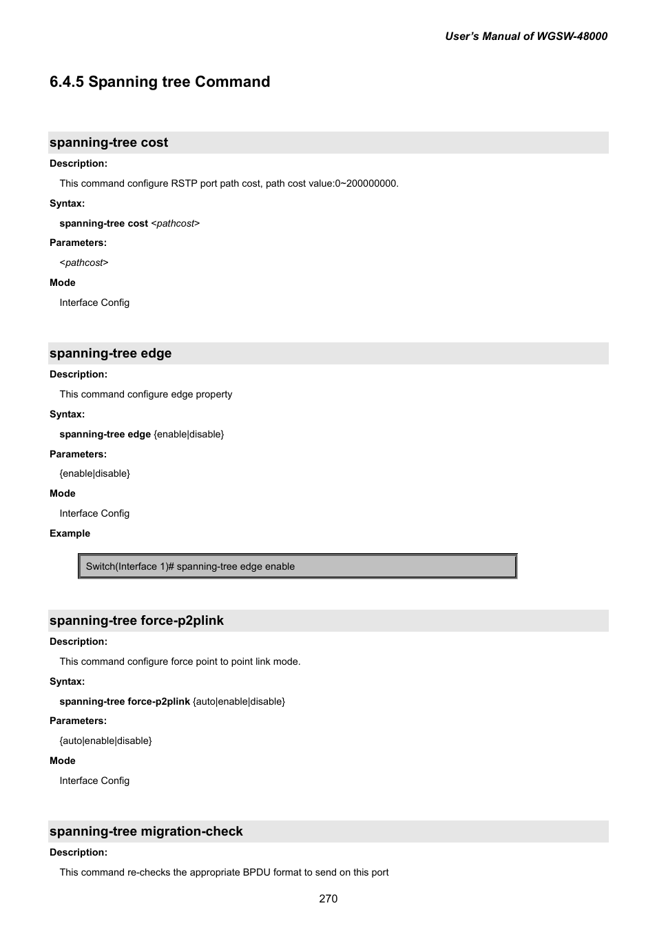 5 spanning tree command, Spanning-tree cost, Spanning-tree edge | Spanning-tree force-p2plink, Spanning-tree migration-check | PLANET WGSW-48000 User Manual | Page 270 / 293