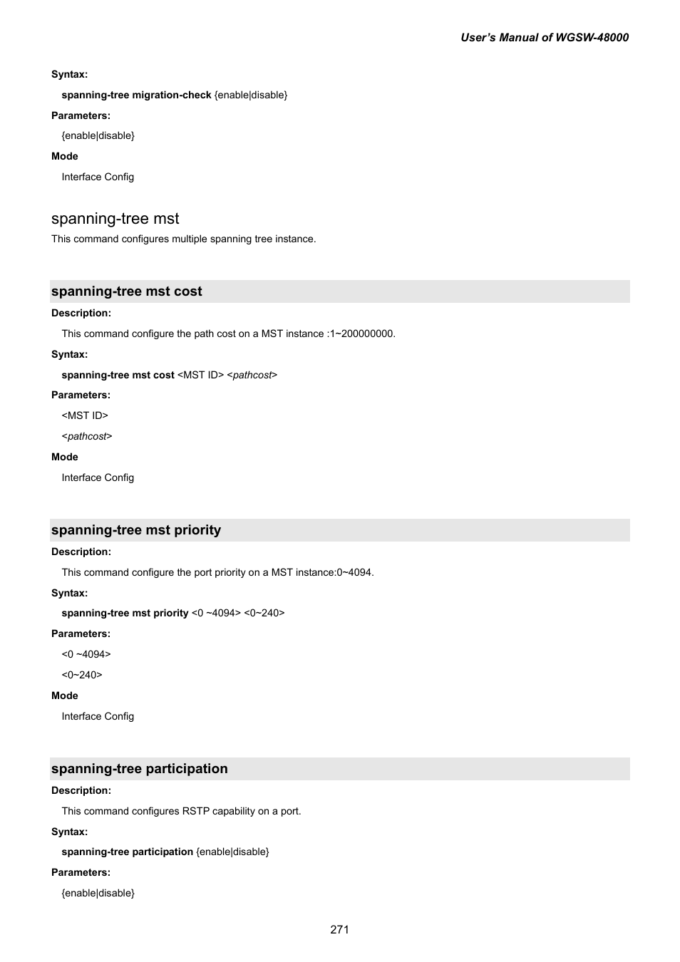 Spanning-tree mst cost, Spanning-tree mst priority, Spanning-tree participation | Spanning-tree mst | PLANET WGSW-48000 User Manual | Page 271 / 293