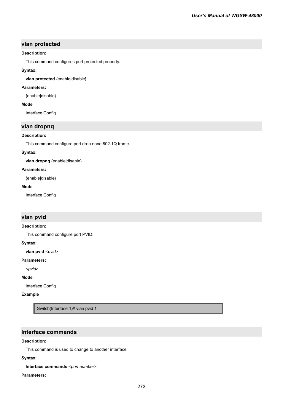 Vlan protected, Vlan dropnq, Vlan pvid | Interface commands | PLANET WGSW-48000 User Manual | Page 273 / 293