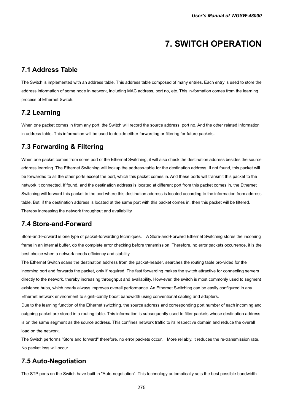 Switch operation, 1 address table, 2 learning | 3 forwarding & filtering, 4 store-and-forward, 5 auto-negotiation | PLANET WGSW-48000 User Manual | Page 275 / 293