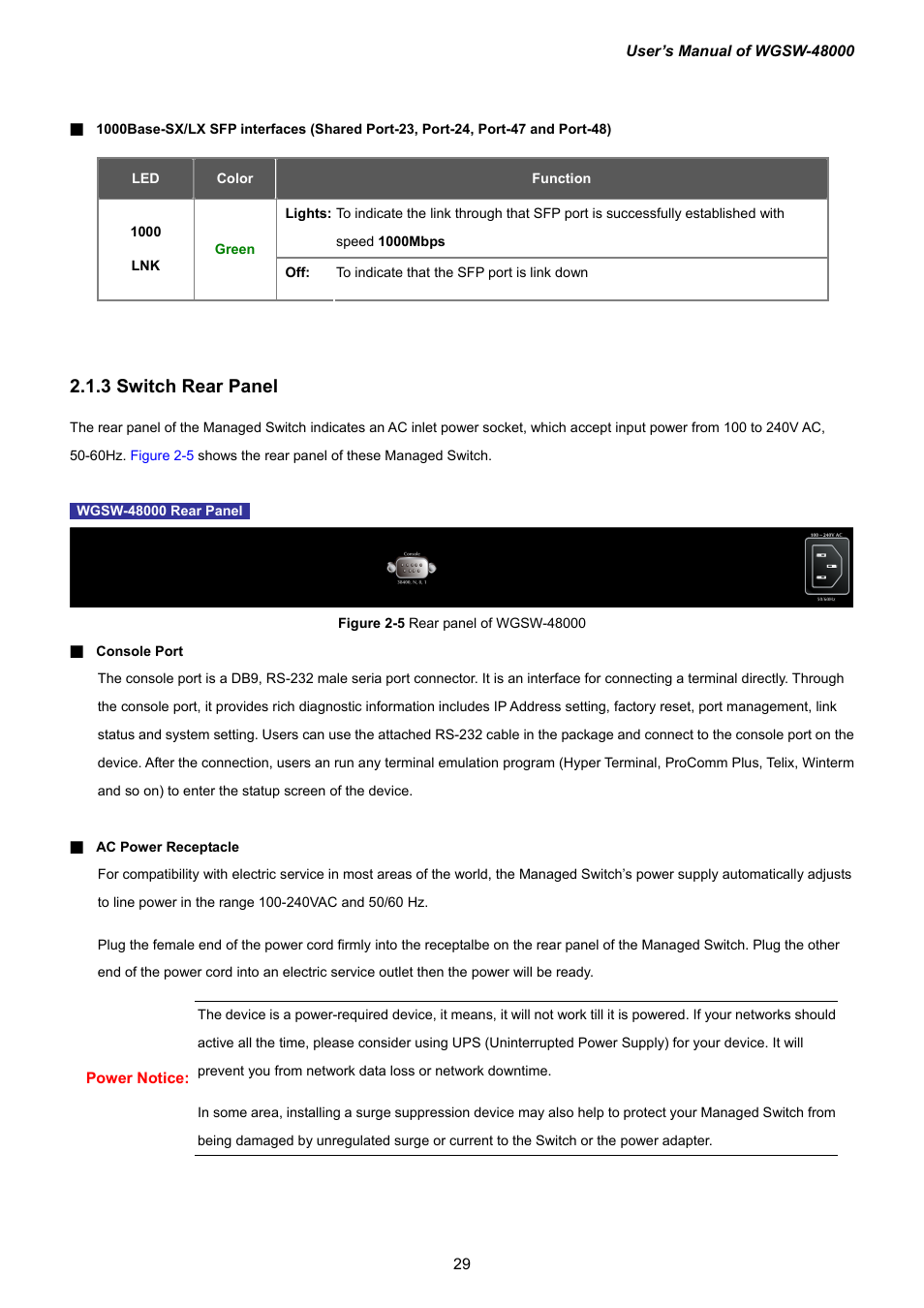 3 switch rear panel | PLANET WGSW-48000 User Manual | Page 29 / 293