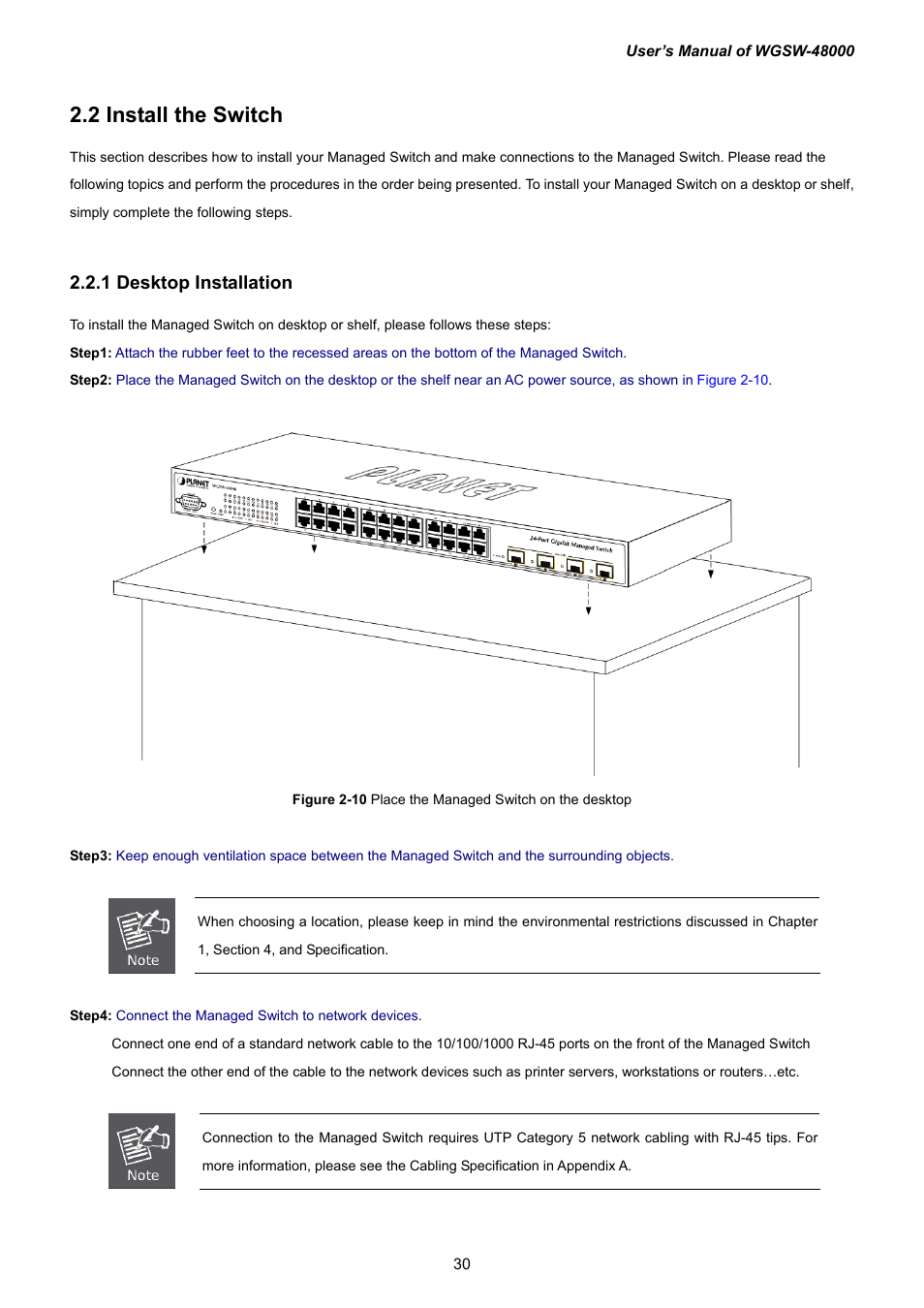 2 install the switch, 1 desktop installation | PLANET WGSW-48000 User Manual | Page 30 / 293