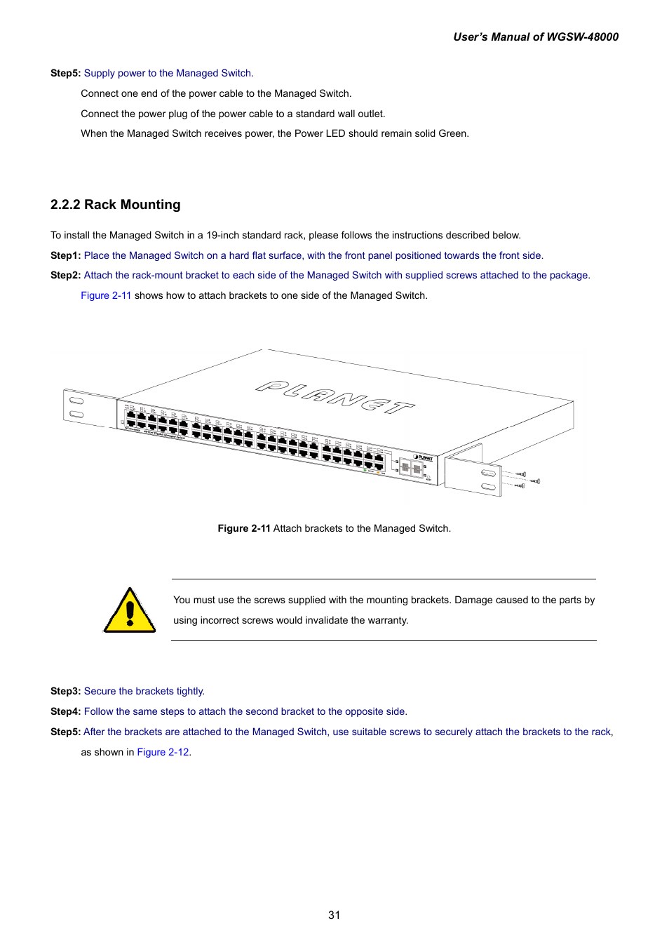 2 rack mounting | PLANET WGSW-48000 User Manual | Page 31 / 293