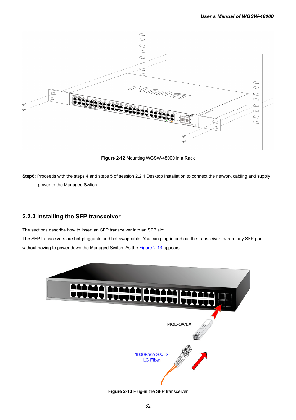 3 installing the sfp transceiver | PLANET WGSW-48000 User Manual | Page 32 / 293