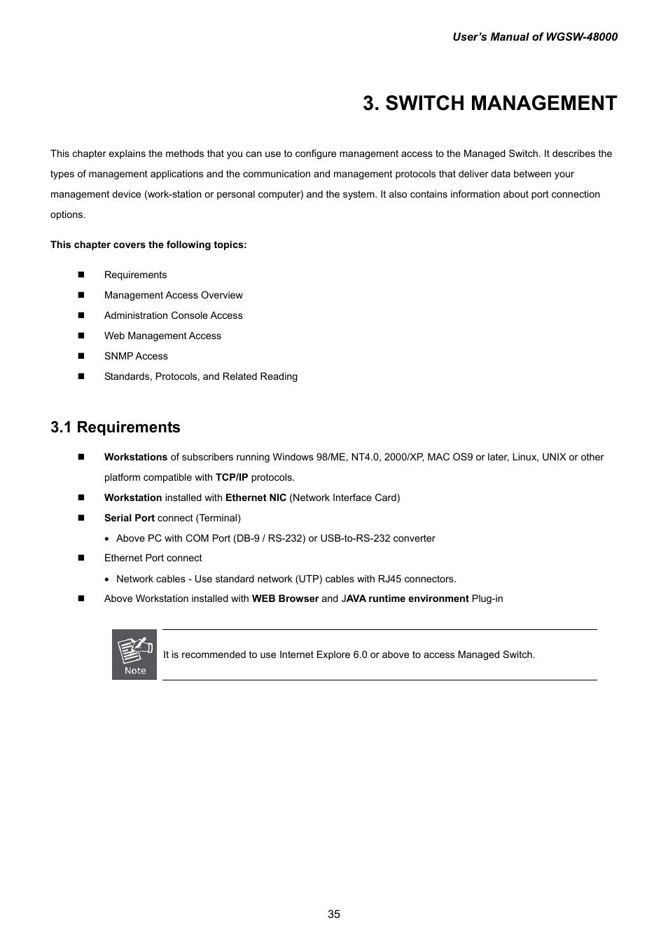 Switch management, 1 requirements | PLANET WGSW-48000 User Manual | Page 35 / 293