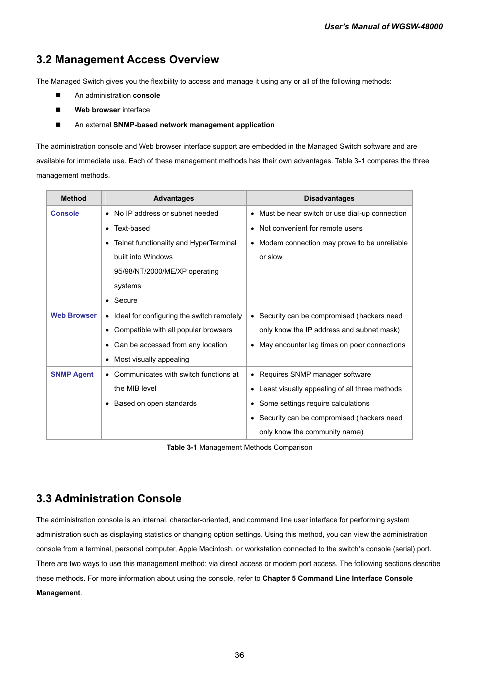 2 management access overview, 3 administration console | PLANET WGSW-48000 User Manual | Page 36 / 293