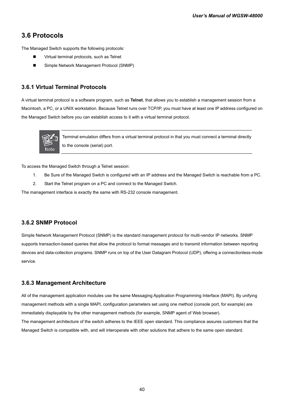 6 protocols, 1 virtual terminal protocols, 2 snmp protocol | 3 management architecture | PLANET WGSW-48000 User Manual | Page 40 / 293