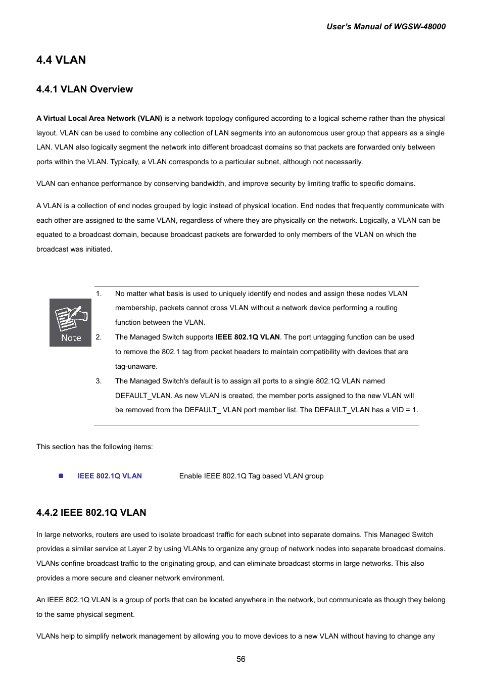 4 vlan, 1 vlan overview, 2 ieee 802.1q vlan | PLANET WGSW-48000 User Manual | Page 56 / 293