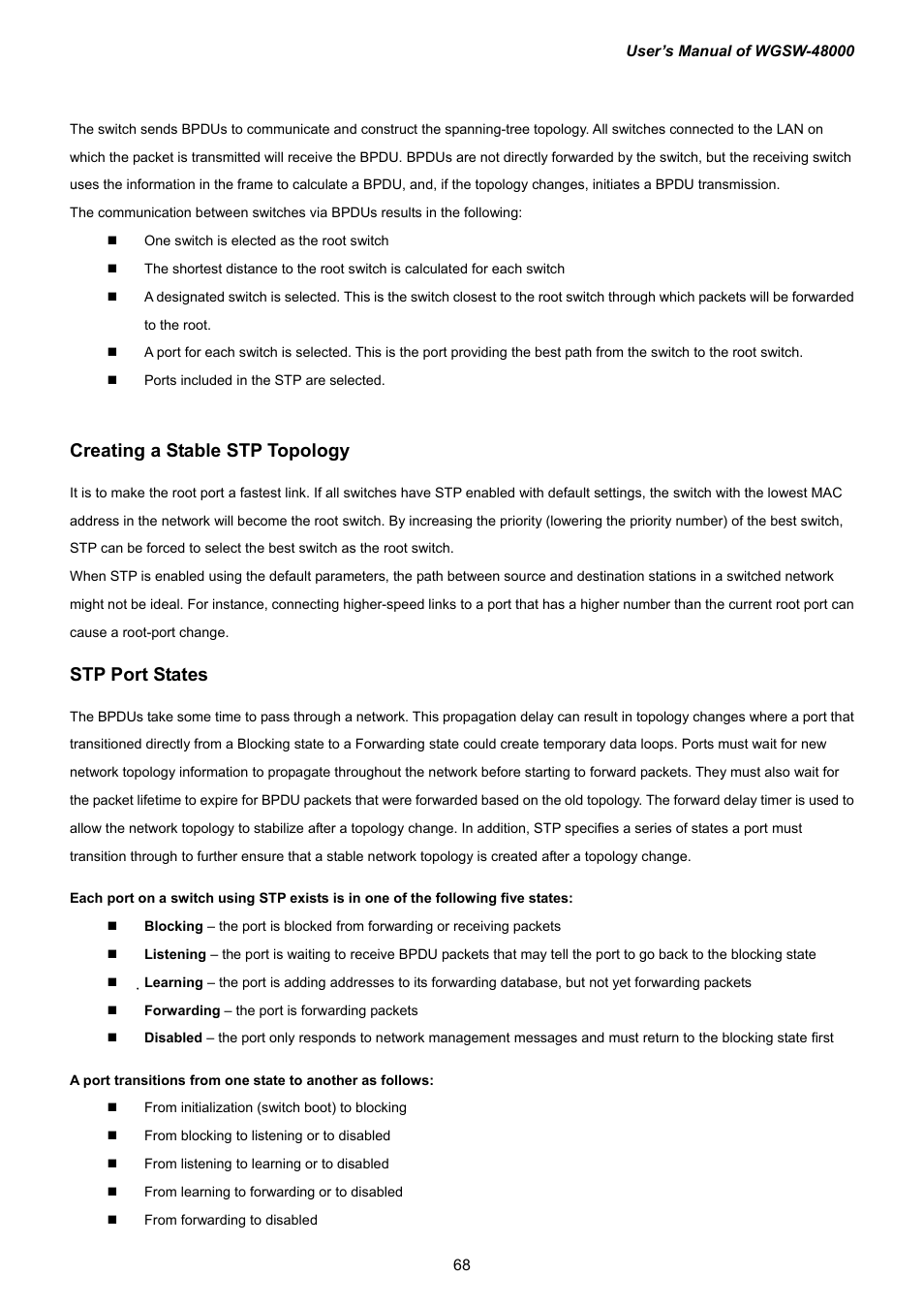 Creating a stable stp topology, Stp port states | PLANET WGSW-48000 User Manual | Page 68 / 293