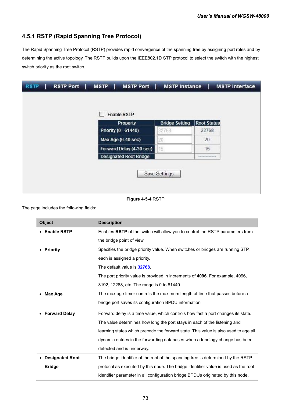 1 rstp (rapid spanning tree protocol) | PLANET WGSW-48000 User Manual | Page 73 / 293