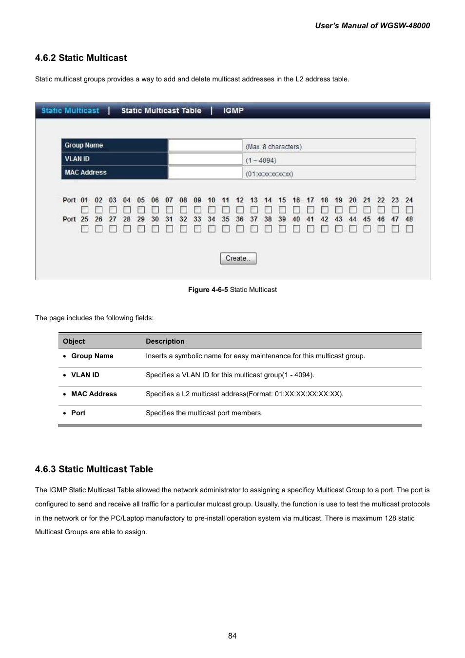 2 static multicast, 3 static multicast table | PLANET WGSW-48000 User Manual | Page 84 / 293