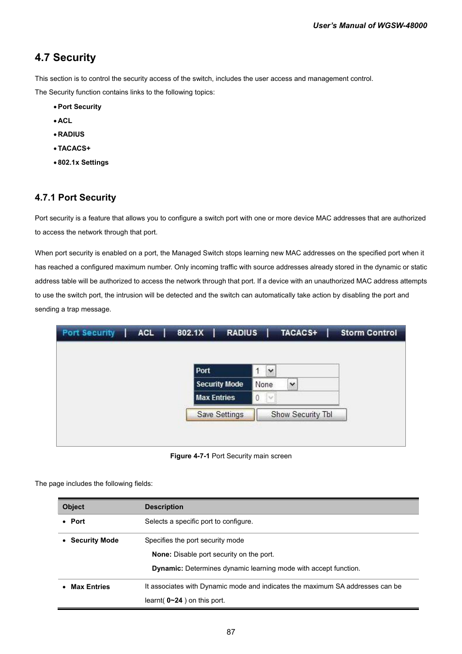 7 security, 1 port security | PLANET WGSW-48000 User Manual | Page 87 / 293