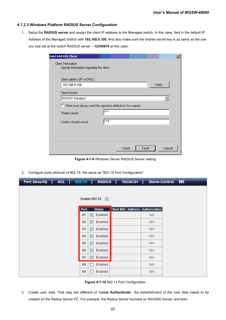 3 windows platform radius server configuration | PLANET WGSW-48000 User Manual | Page 97 / 293