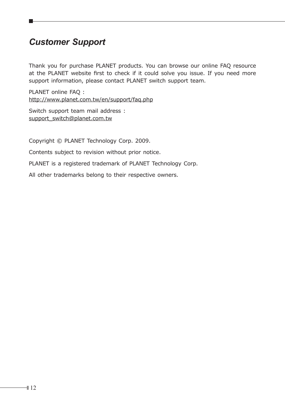 Customer support | PLANET WGSW-48000 User Manual | Page 12 / 12