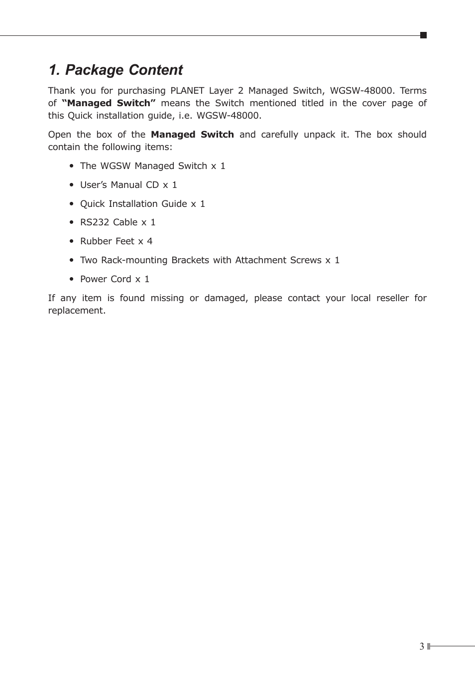 Package content | PLANET WGSW-48000 User Manual | Page 3 / 12