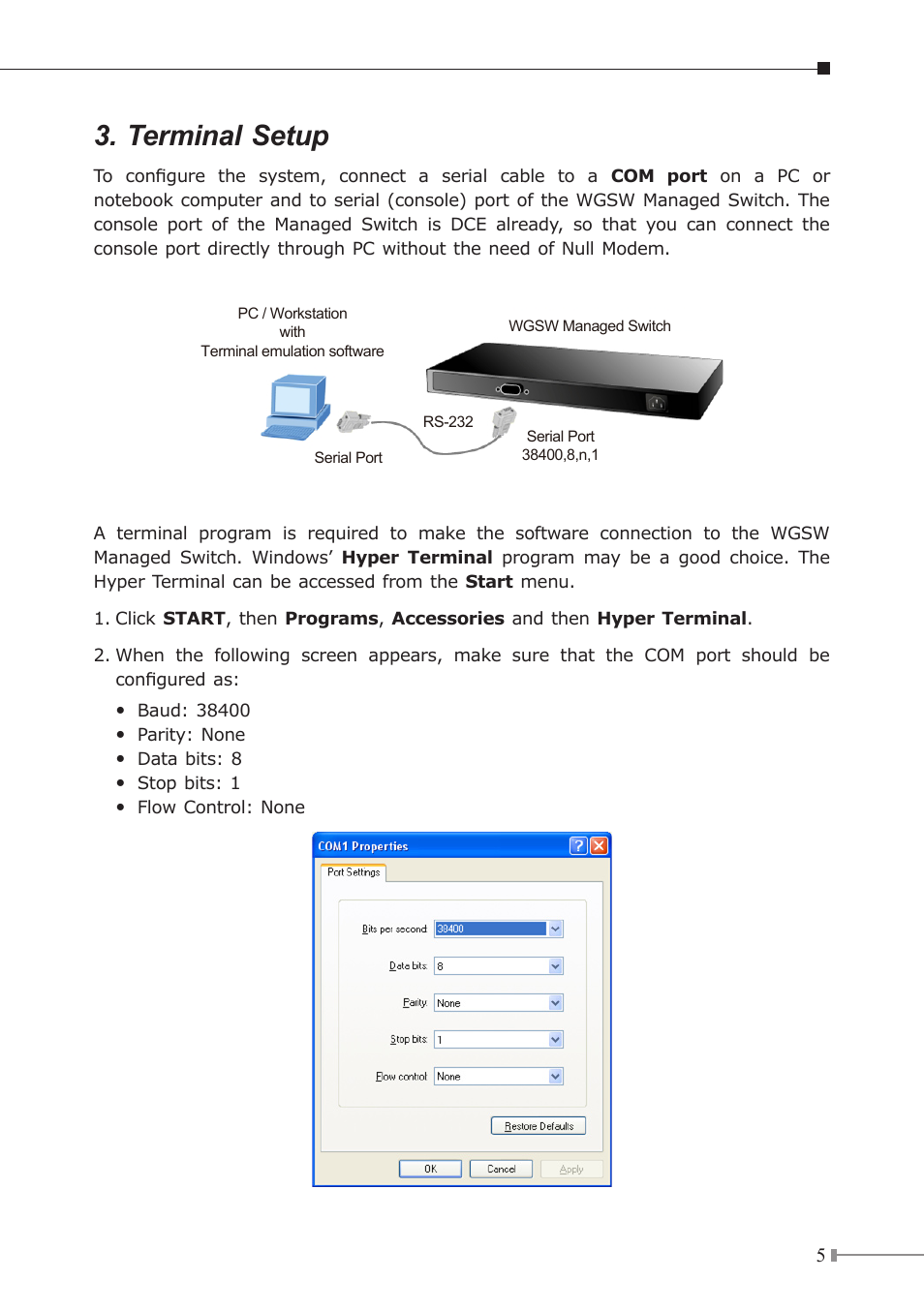 Terminal setup | PLANET WGSW-48000 User Manual | Page 5 / 12