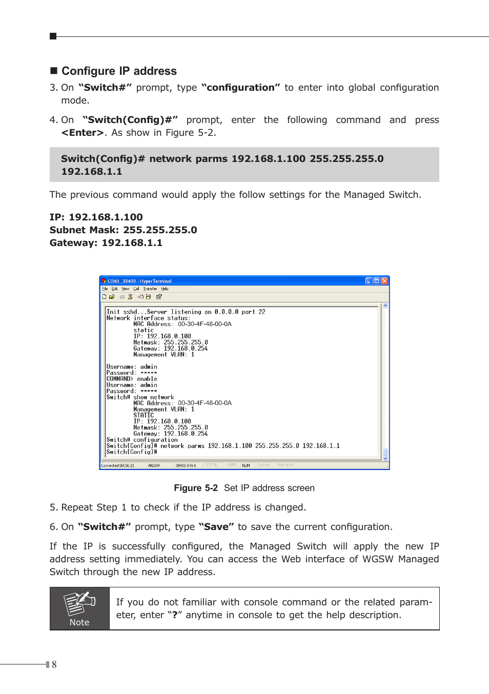 Nconfigure ip address | PLANET WGSW-48000 User Manual | Page 8 / 12