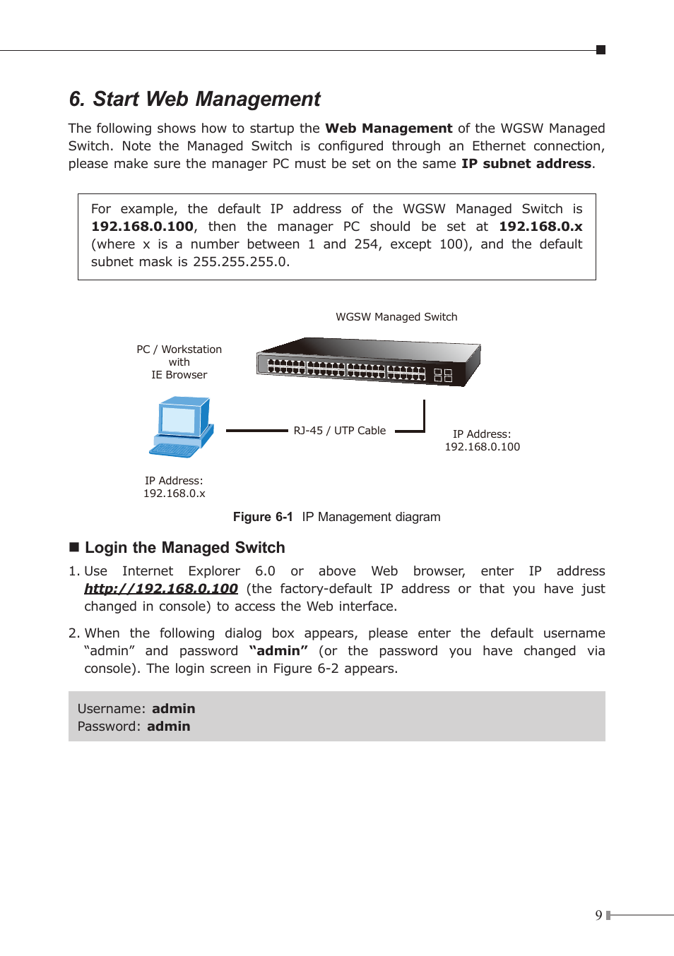 Start web management, Nlogin the managed switch | PLANET WGSW-48000 User Manual | Page 9 / 12