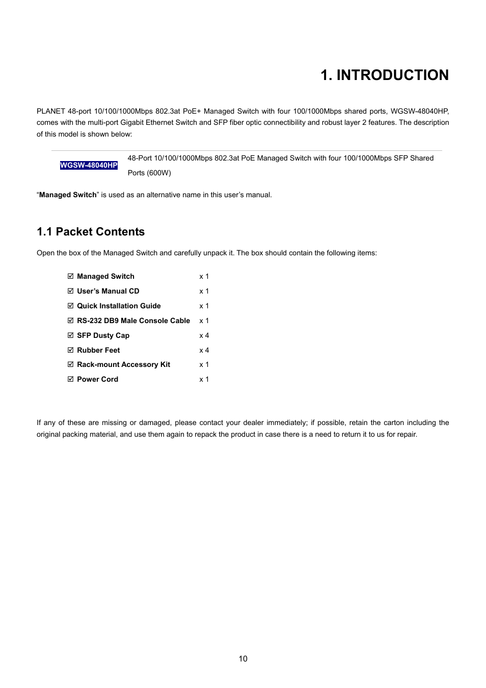 Introduction, 1 packet contents | PLANET WGSW-48040HP User Manual | Page 10 / 375