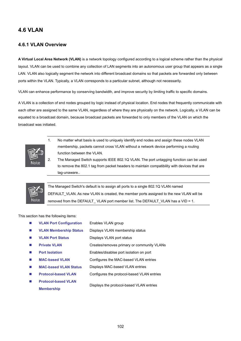 6 vlan, 1 vlan overview | PLANET WGSW-48040HP User Manual | Page 102 / 375