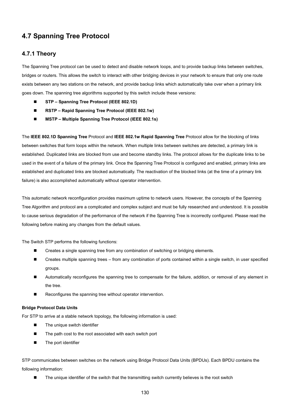7 spanning tree protocol, 1 theory | PLANET WGSW-48040HP User Manual | Page 130 / 375
