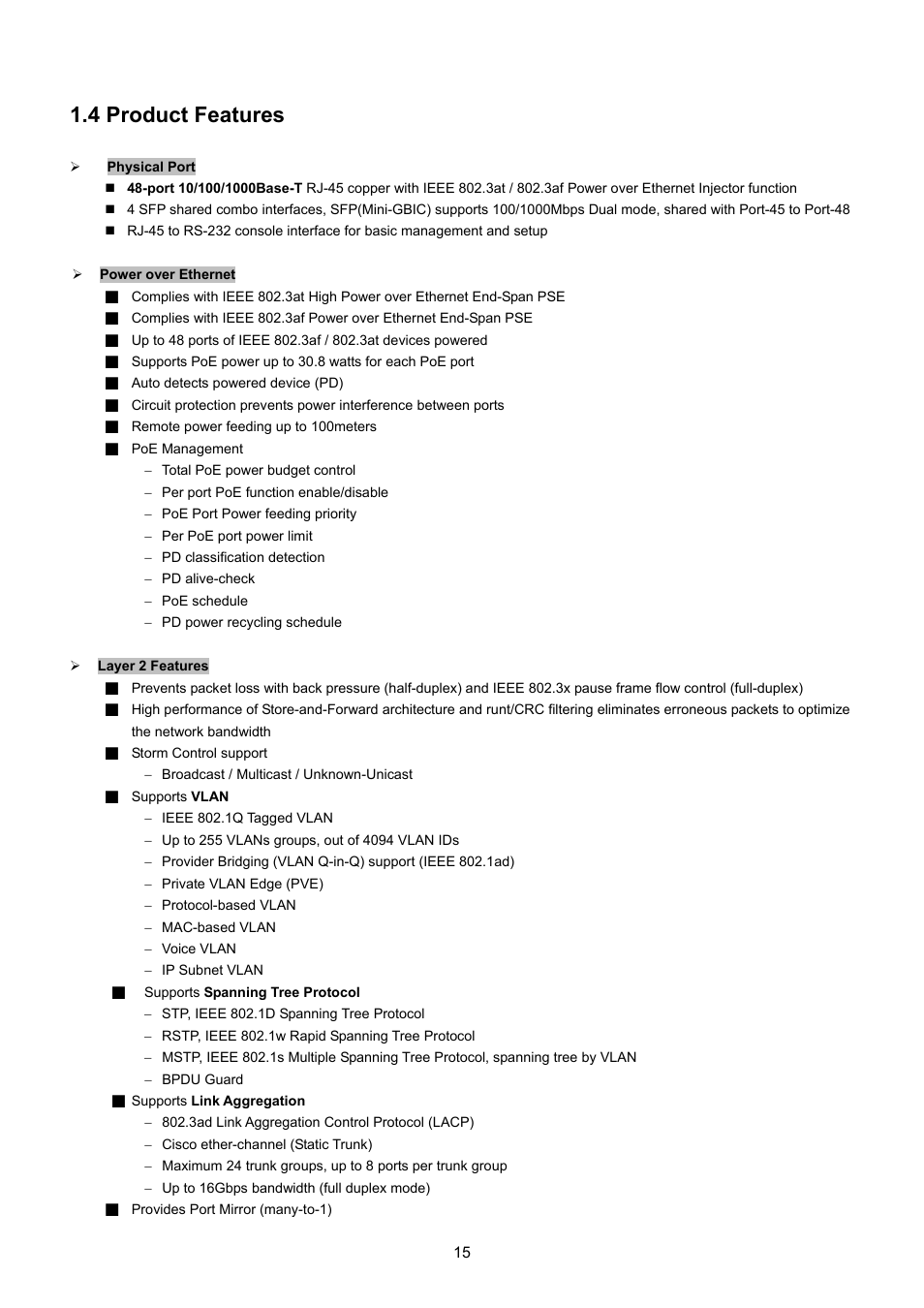 4 product features | PLANET WGSW-48040HP User Manual | Page 15 / 375