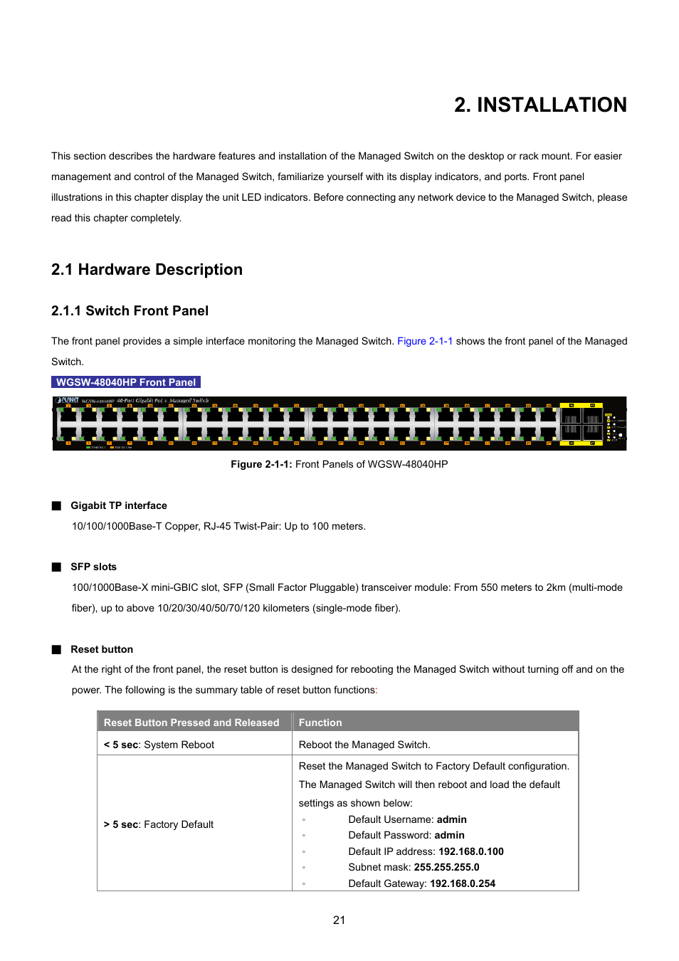 Installation, 1 hardware description, 1 switch front panel | PLANET WGSW-48040HP User Manual | Page 21 / 375