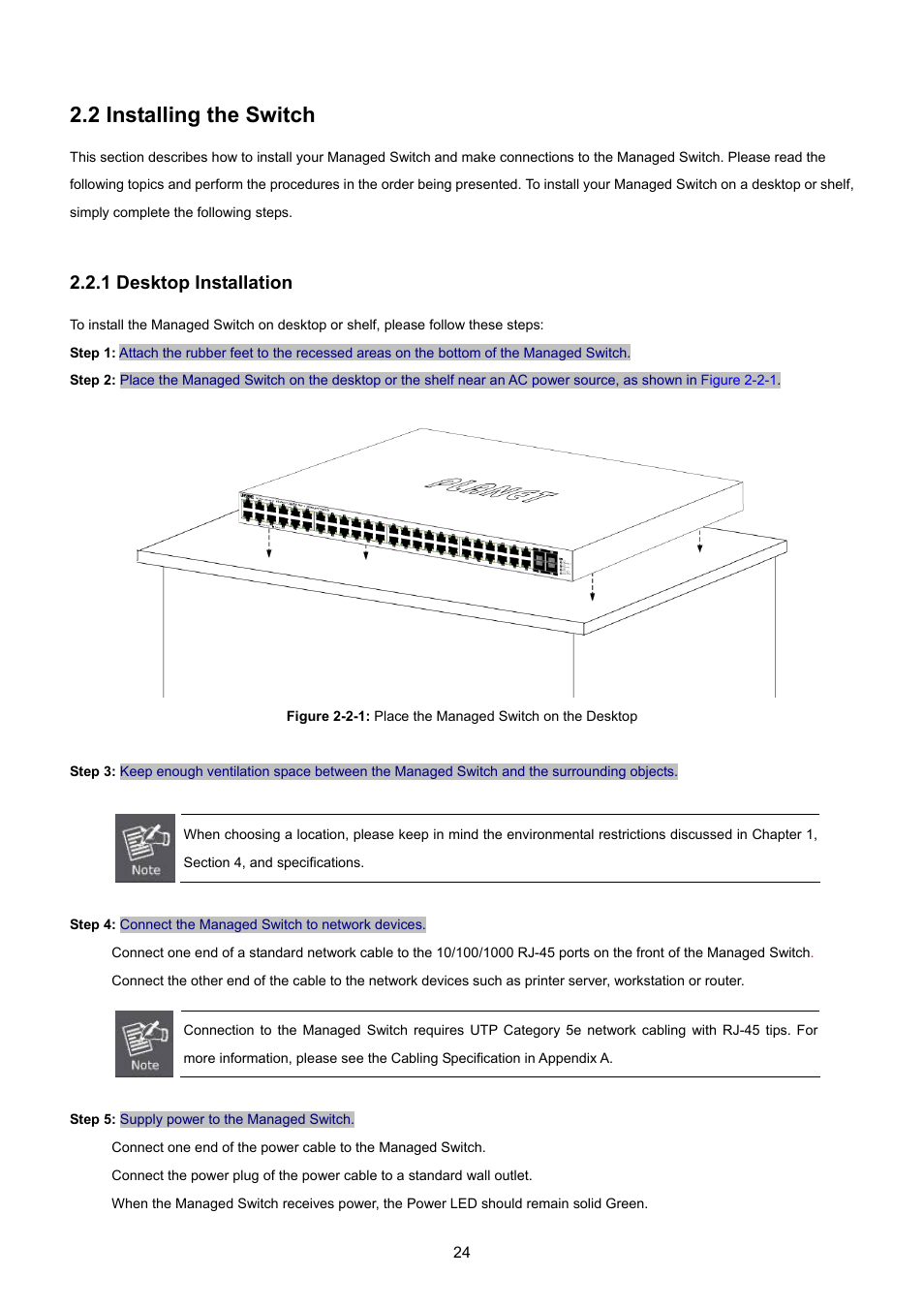 2 installing the switch, 1 desktop installation | PLANET WGSW-48040HP User Manual | Page 24 / 375