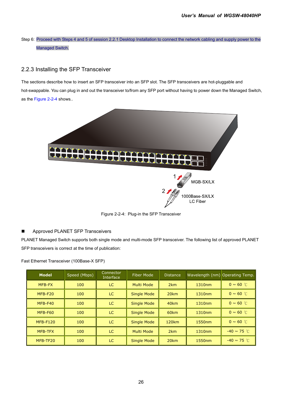 3 installing the sfp transceiver | PLANET WGSW-48040HP User Manual | Page 26 / 375