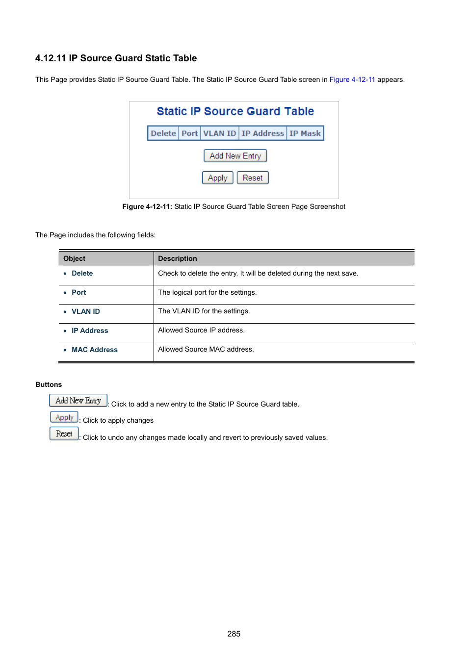 11 ip source guard static table | PLANET WGSW-48040HP User Manual | Page 285 / 375