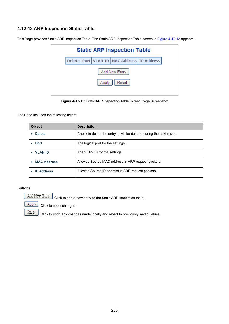 13 arp inspection static table | PLANET WGSW-48040HP User Manual | Page 288 / 375