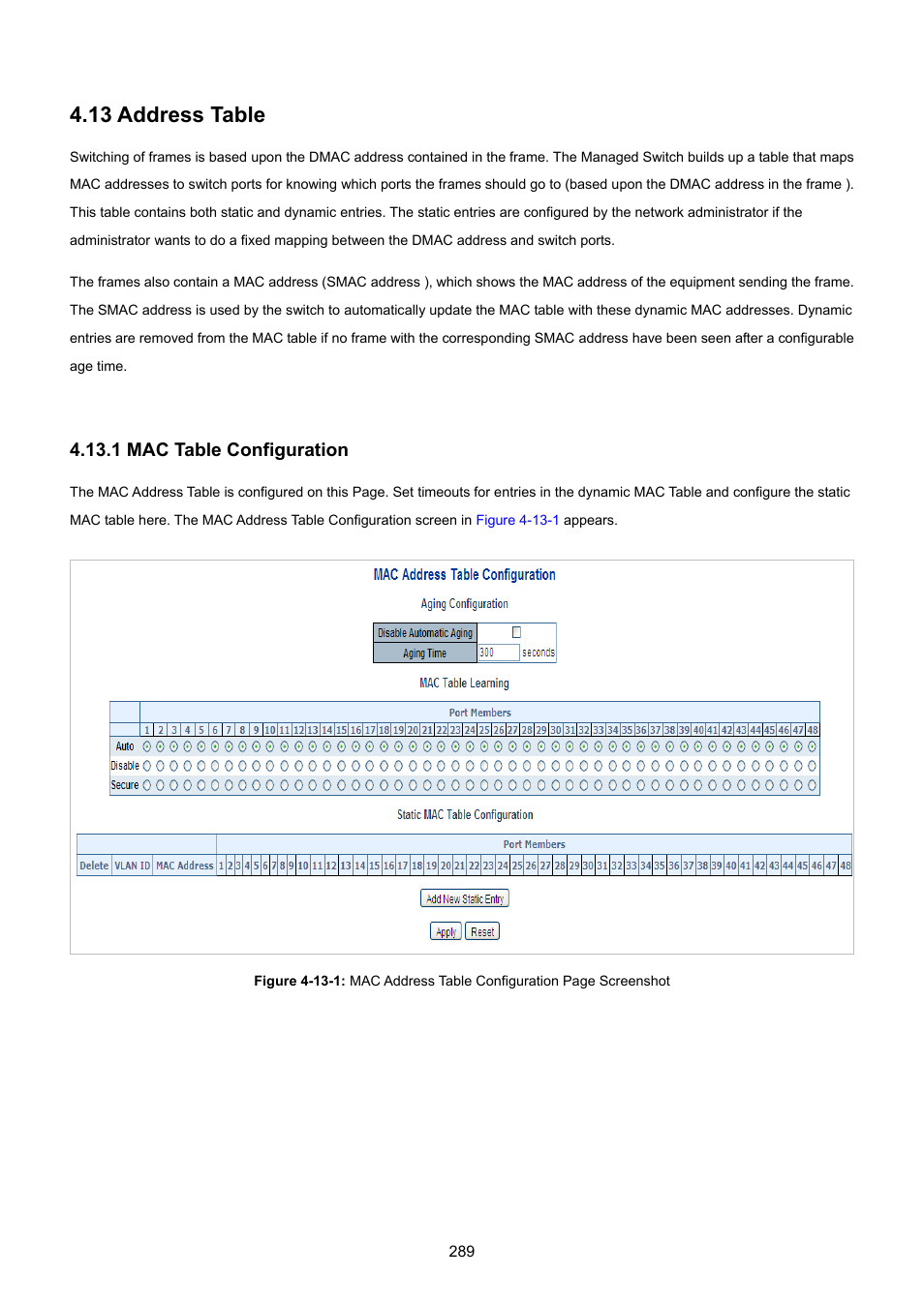 13 address table, 1 mac table configuration | PLANET WGSW-48040HP User Manual | Page 289 / 375