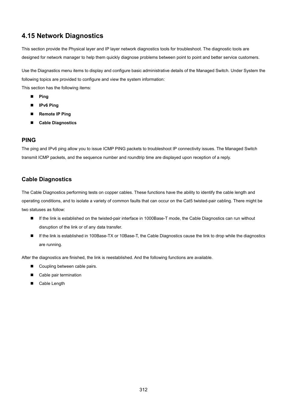 15 network diagnostics, Ping, Cable diagnostics | PLANET WGSW-48040HP User Manual | Page 312 / 375