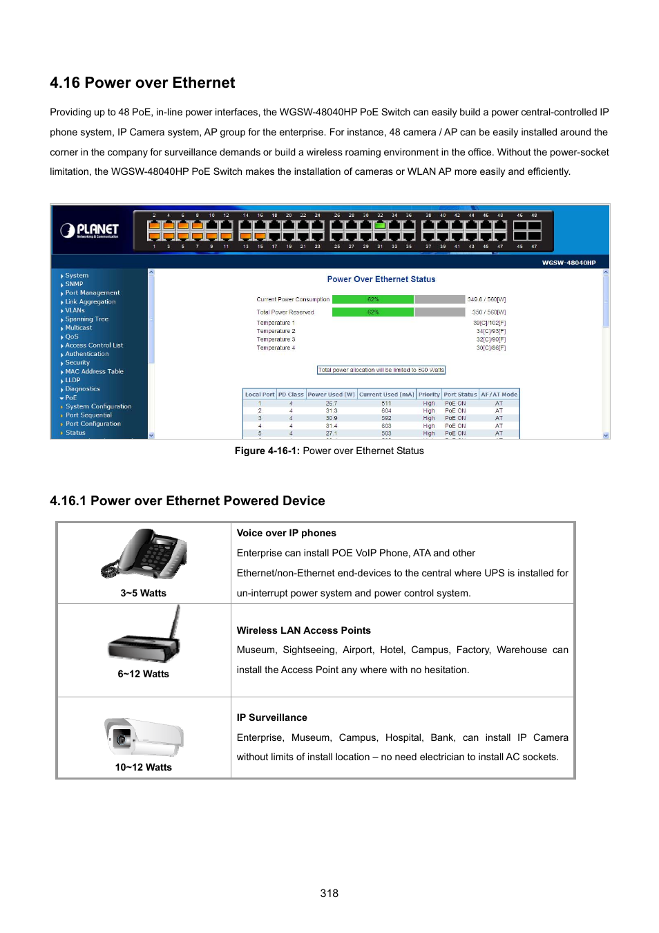 16 power over ethernet, 1 power over ethernet powered device | PLANET WGSW-48040HP User Manual | Page 318 / 375